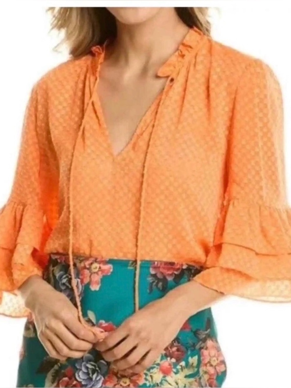 Alice+Olivia Julius Orange Bell Sleeve V-Neck Blouse Women Size Medium